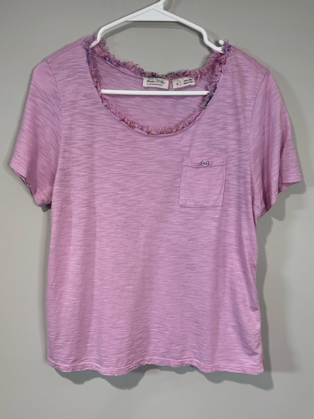 Anthropologie Meadow Rue Pink Short Sleeve Tee Fringe Neckline Cottagecore M